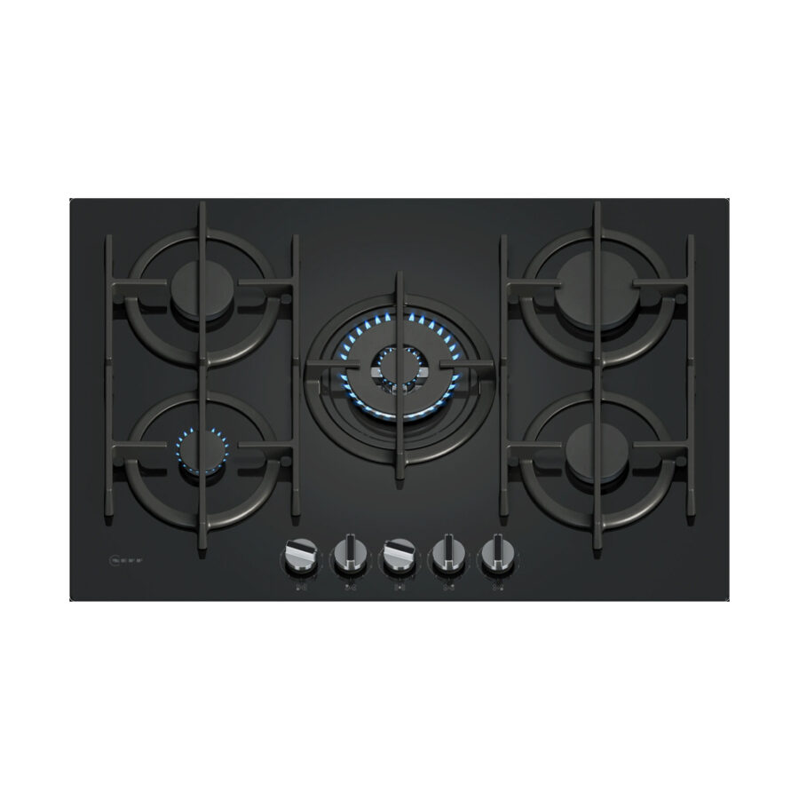 Neff T27PIQ4S0 gas hob with FlameSelect, Wok burner, removable knobs, ComfortClean cast iron supports, and gas safety cut-off.