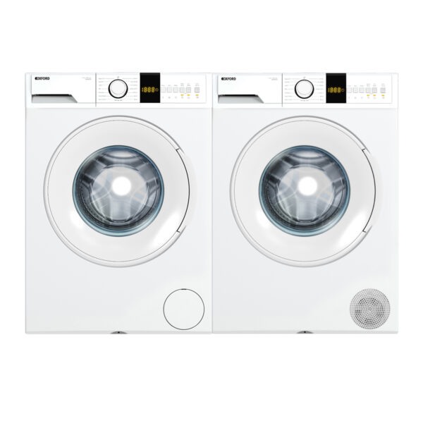 Oxford 7KG Washing Machine and 8KG Tumble Dryer set side by side—modern, compact, and ideal for everyday laundry needs.