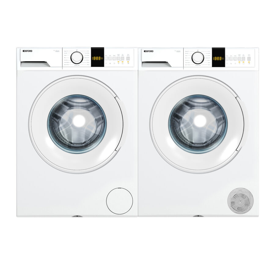Oxford 7KG Washing Machine and 8KG Tumble Dryer set side by side—modern, compact, and ideal for everyday laundry needs.
