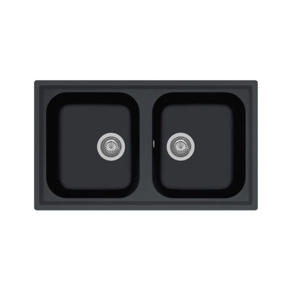 PL0862 860×500 mm double bowl sink, reversible, ARIAPURA tech, pre-drilled for faucet and accessory installation.