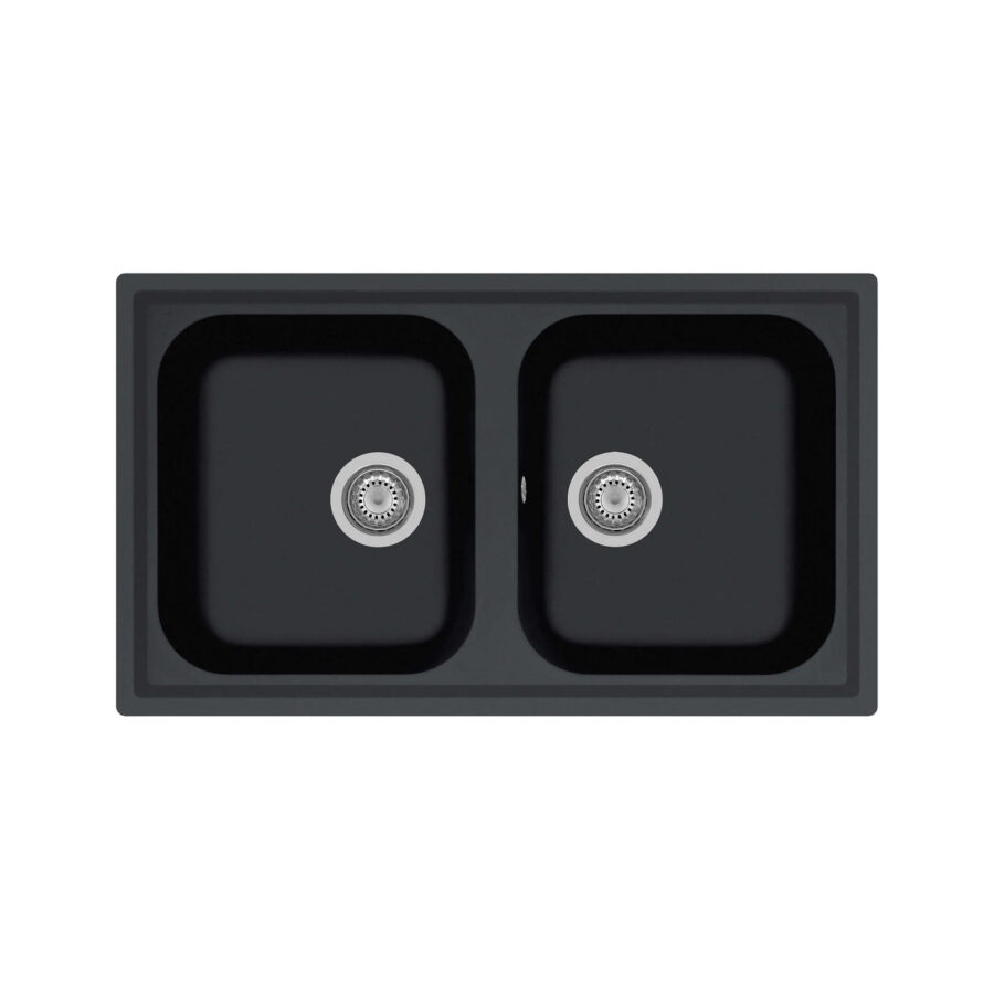 PL0862 860×500 mm double bowl sink, reversible, ARIAPURA tech, pre-drilled for faucet and accessory installation.