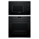 Bosch Series 4 & 6 Cooking Combo with HBA272BB3 Oven and BEL554MB0 Microwave in stylish black glass and brushed steel finish.