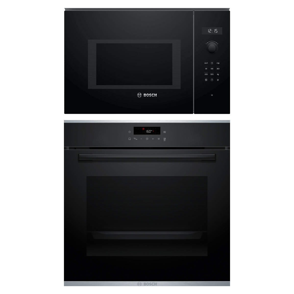BEL554MB0 and HBA272BB3 Airfry oven and Microwave Combo Bosch Series 4 & 6 Cooking Combo with HBA272BB3 Oven and BEL554MB0 Microwave in stylish black glass and brushed steel finish.