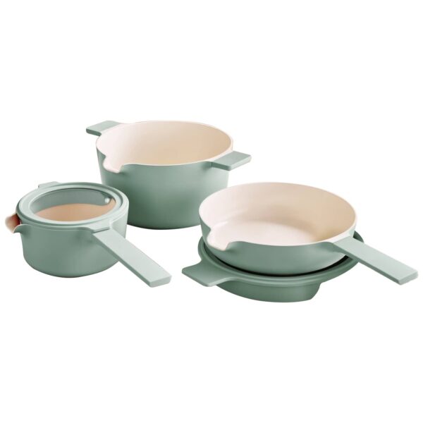 Brabantia Jade Green 5 in 1 cookware set with non stick pans recycled aluminium and space saving glass lids with strainers