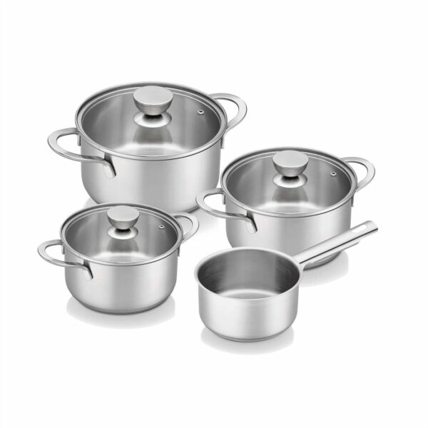 Brabantia FUTURA cookware set with glass lids recycled stainless steel and heat resistant handles suitable for all hobs