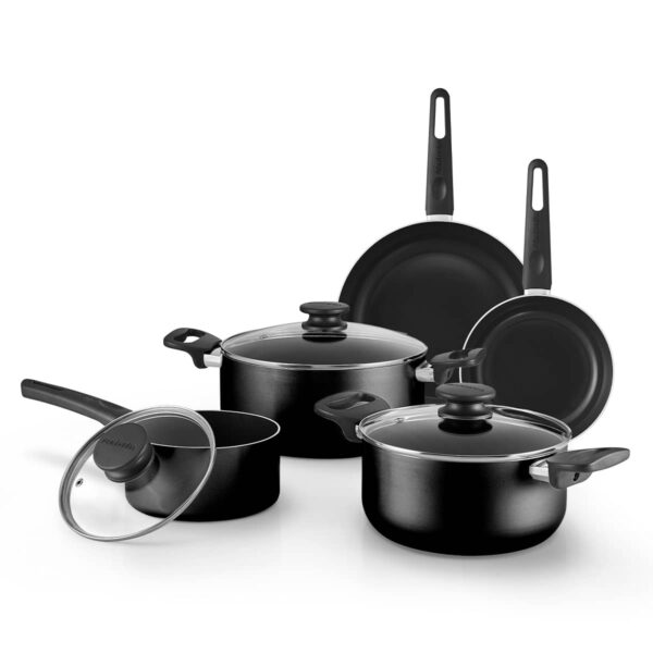 Brabantia Indu+ 8-piece Cool Grey cookware set with non stick ceramic coating and induction-friendly aluminium base