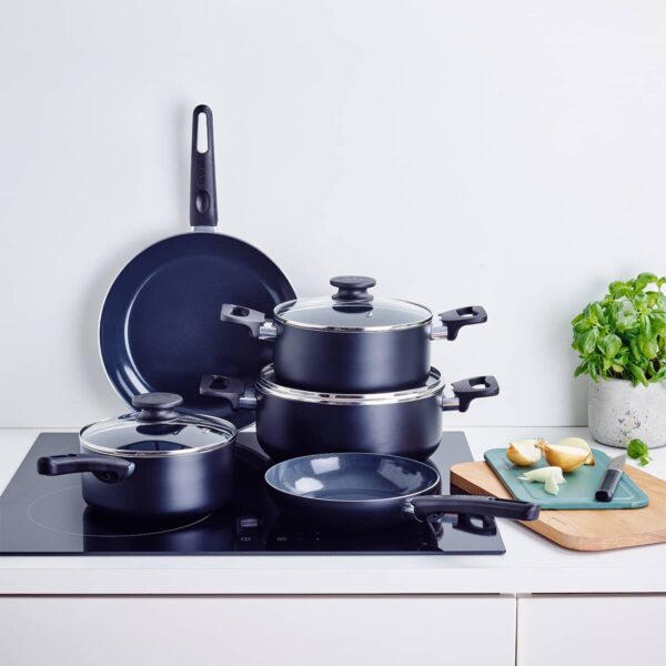 Brabantia Indu+ 8-Piece Non Stick Cookware Set with ceramic coating and heat-resistant handles in Cool Grey