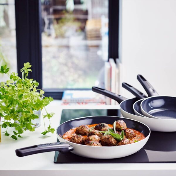 Brabantia Indu+ Non Stick Frying Pan in Cool Grey with ceramic coating and recycled aluminium base for stylish everyday cooking