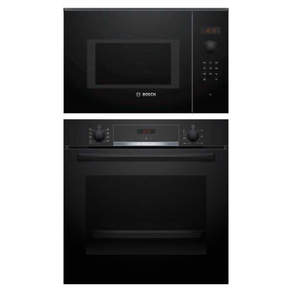 Bosch Series 4 Full Black Cooking Combo with HBA534EB3 Oven and BFL553MB0B Microwave in sleek black glass finish.