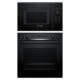 Bosch Series 4 Full Black Cooking Combo with HBA534EB3 Oven and BFL553MB0B Microwave in sleek black glass finish.
