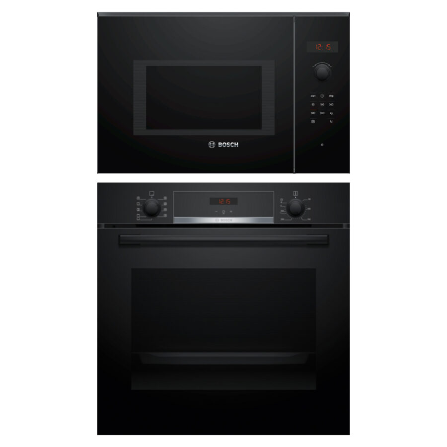 Bosch Series 4 Full Black Cooking Combo with HBA534EB3 Oven and BFL553MB0B Microwave in sleek black glass finish.
