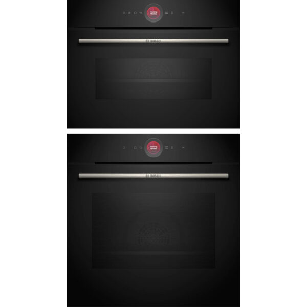 Bosch Series 8 Cooking Combo with HBG7341B1 Oven and CMG7241B1 Microwave Oven in seamless black glass with touch display.