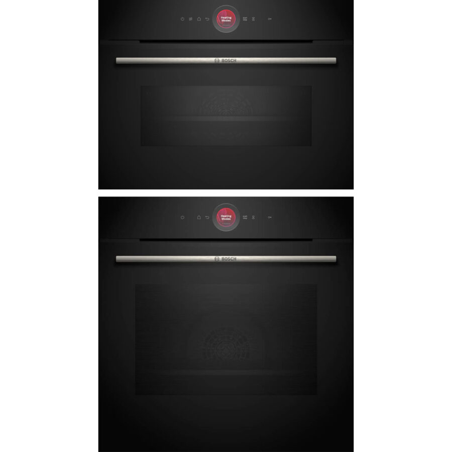 Bosch Series 8 Cooking Combo with HBG7341B1 Oven and CMG7241B1 Microwave Oven in seamless black glass with touch display.