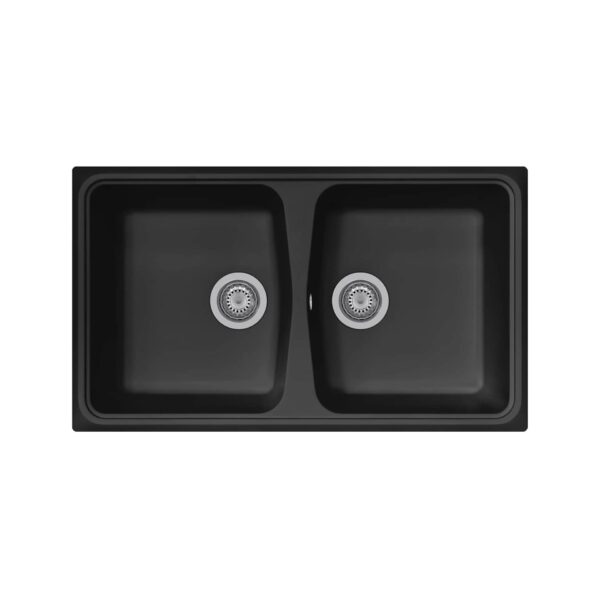 Spazio 860×500 mm double bowl sink, non-reversible, pre-drilled, with ARIAPURA antibacterial and easy-clean technology.