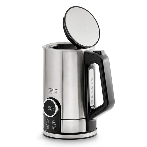 Selection WK 2200 electric kettle with stainless steel body and open lid, black handle, on white background.