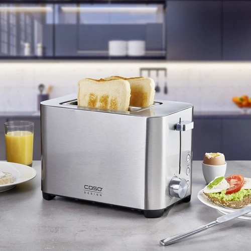 T2 Toaster in stainless steel inside a kitchen with two toasted breads inside