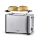 T2 Toaster in stainless steel on a white background with 2 breads on top