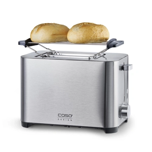 T2 Toaster in stainless steel on a white background with 2 breads on top