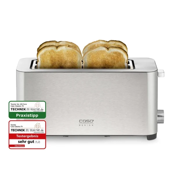 Caso T4 toaster on a white background with four toasted breads inside