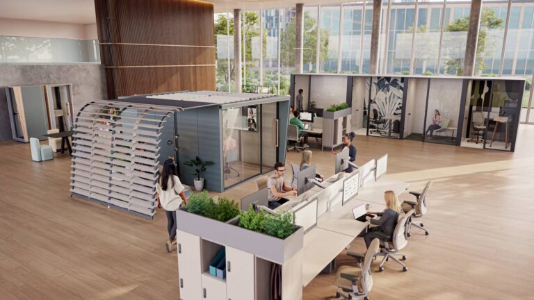 Open office design with collaborative areas and acoustic pods