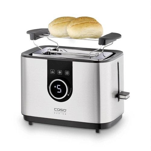 Caso T2 toaster on a white background with two breads on top