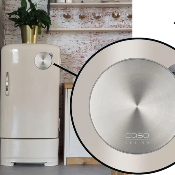 caso kitchen scale showing one of its main features that it can be attached to a fridge using its inbuilt magnet