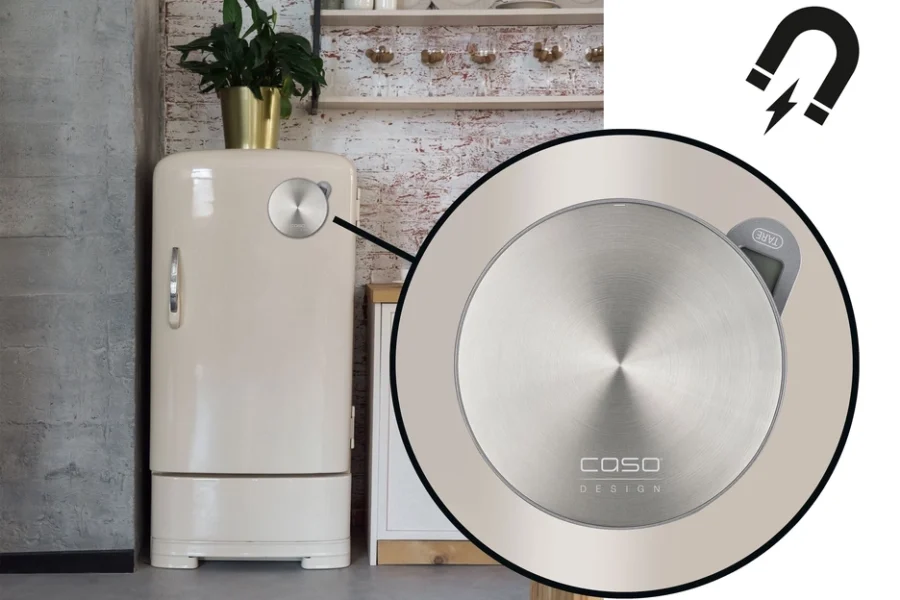 caso kitchen scale showing one of its main features that it can be attached to a fridge using its inbuilt magnet