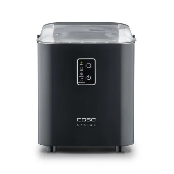 Frontal view of Caso IceChef Compact on white background, showing sleek design with closed plastic lid