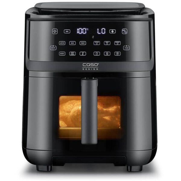Air Fryer Steam 700 frontal view on white background, interior light on showing whole chicken cooking inside.