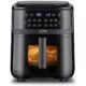 Air Fryer Steam 700 frontal view on white background, interior light on showing whole chicken cooking inside.