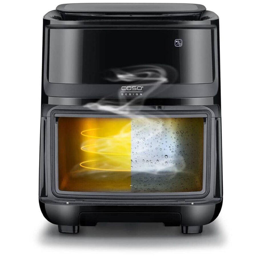 Frontal view of Air Fryer Steam 700 on white background with split image showing air fry and steam functions inside.