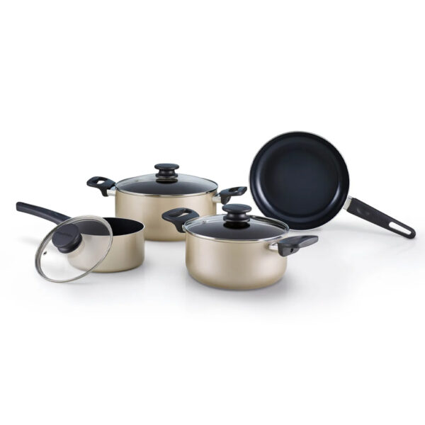 Brabantia Ready 2 Cook 4-piece set with three glass lids, studio shot on white background showing all pieces.