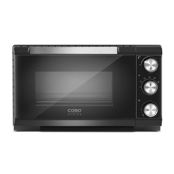CASO TO 20 Electronic Oven in studio setting, front view showing compact design and manual control knobs.