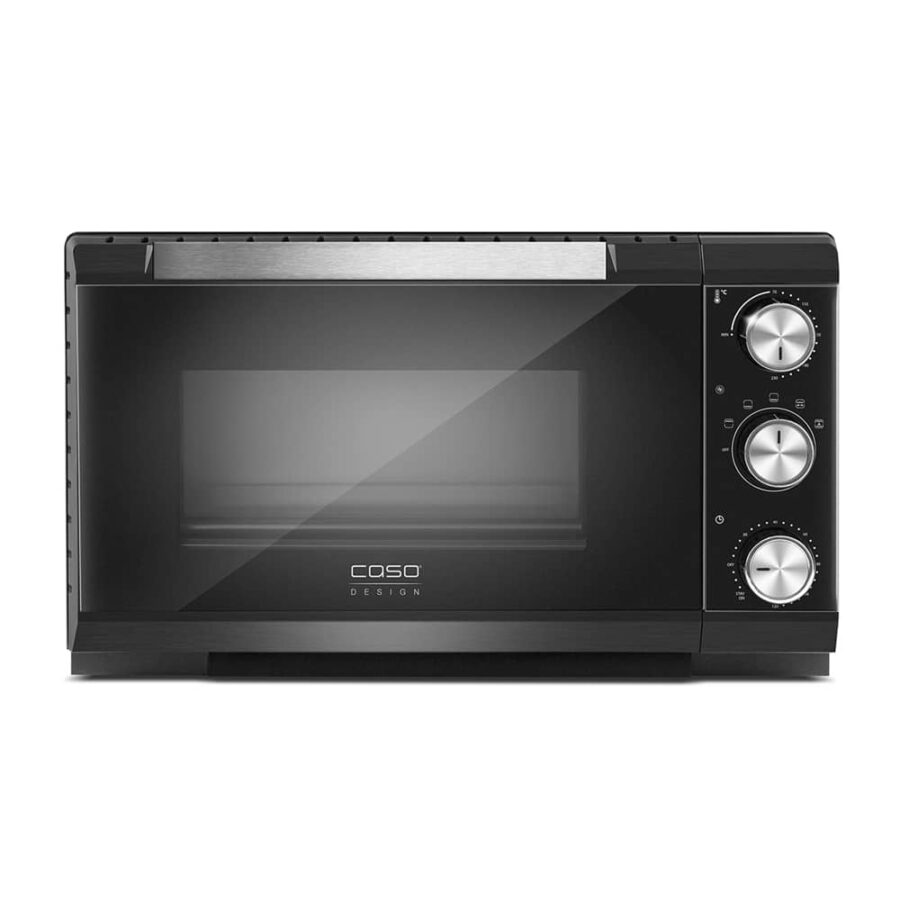 CASO TO 20 Electronic Oven in studio setting, front view showing compact design and manual control knobs.