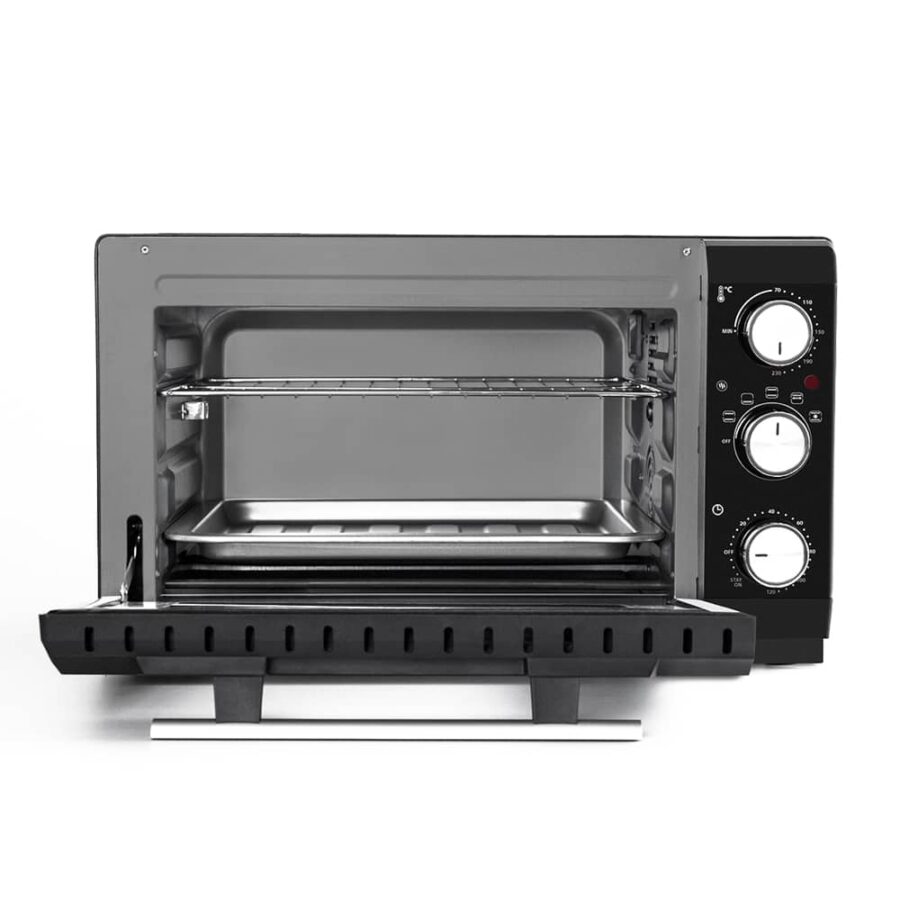 CASO TO 20 Electronic Oven with open door revealing empty interior and wire rack, studio shot.