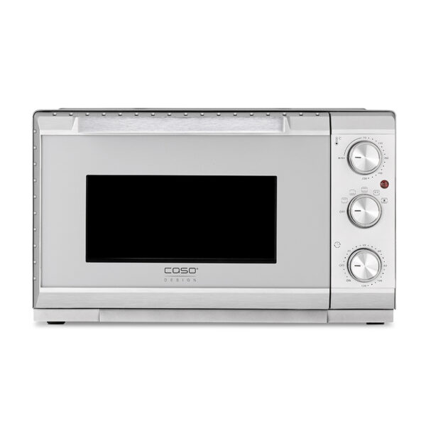 Frontal view of CASO TO 20 Silver Oven on white background, showcasing sleek silver finish and compact design