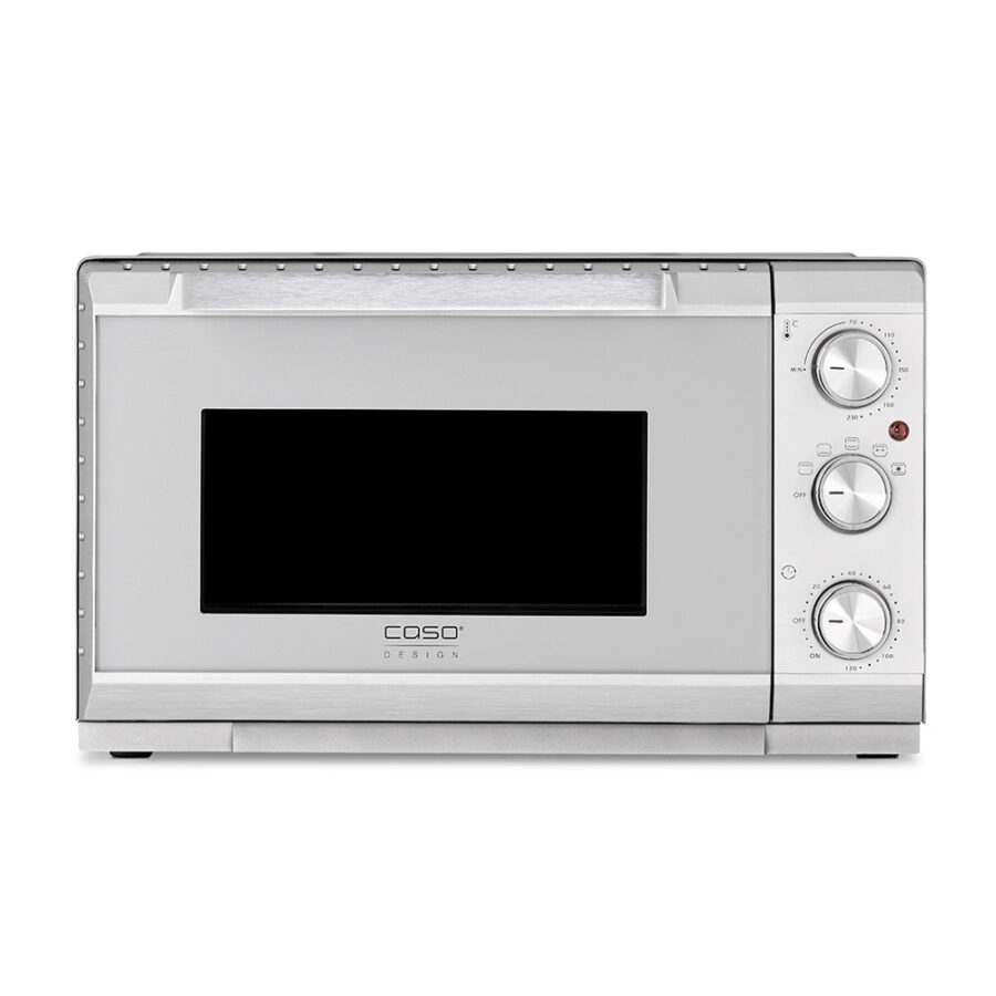 Frontal view of CASO TO 20 Silver Oven on white background, showcasing sleek silver finish and compact design