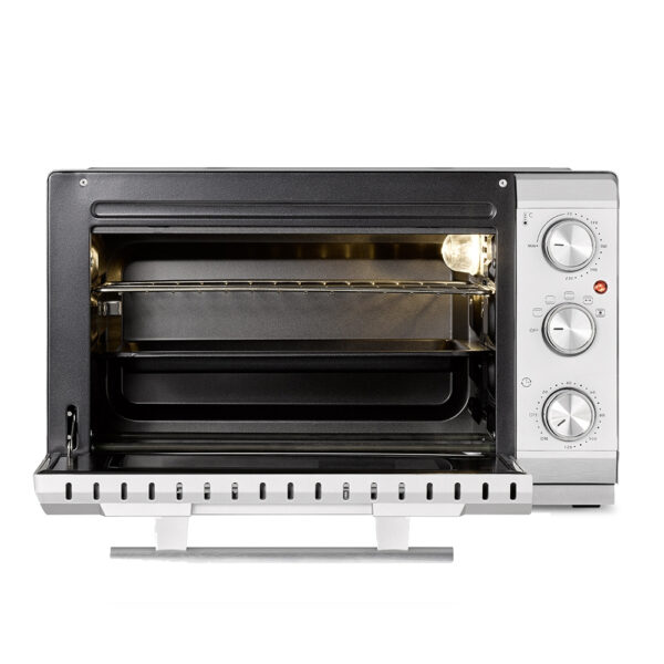 CASO TO 20 Silver Oven front view with open door and interior lights on, shown on white background