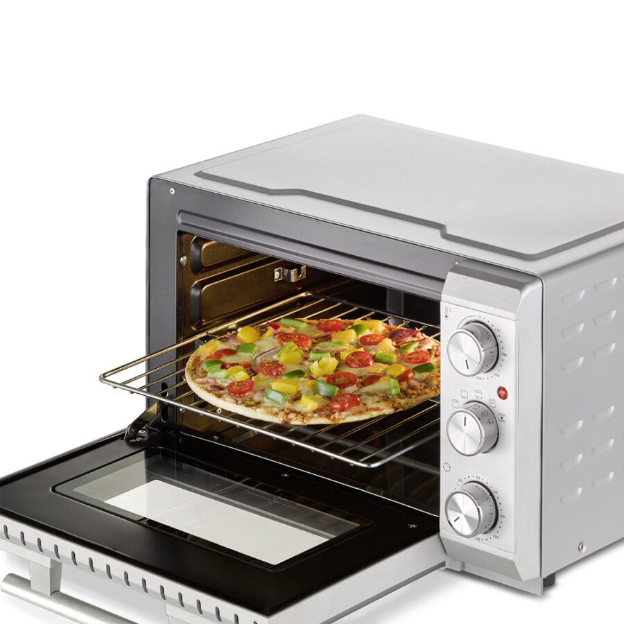 CASO TO 20 Silver Oven with open door, pizza baking on wire rack inside, shown on white background.