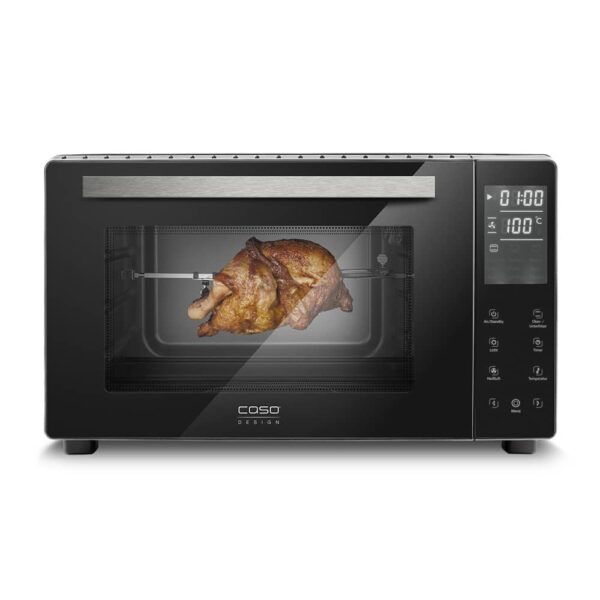 Front view of CASO TO 26 Electronic Oven with cooked rotisserie chicken inside, no background.