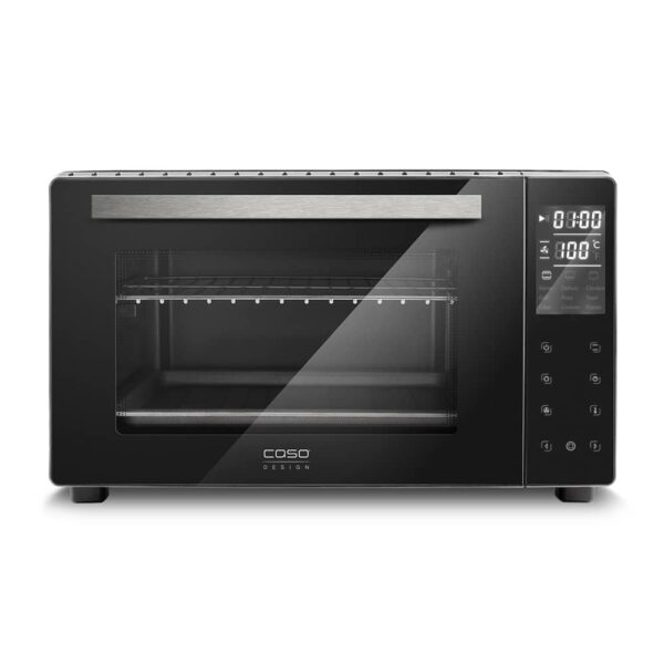 CASO TO 26 Electronic Oven with white LED display lit, sleek black finish, studio shot on white background.