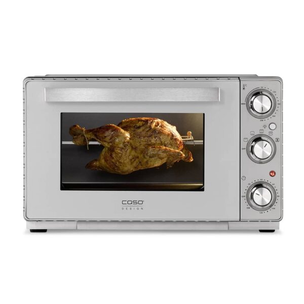 CASO TO 26 SilverStyle oven in silver with 26L capacity, grill, rotisserie, convection, and pizza stone for crisp, even baking.