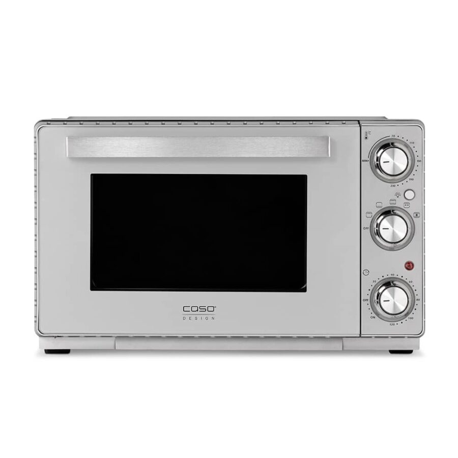 CASO TO 26 Silver Oven, switched off, front view with clean silver finish, studio shot on white background.