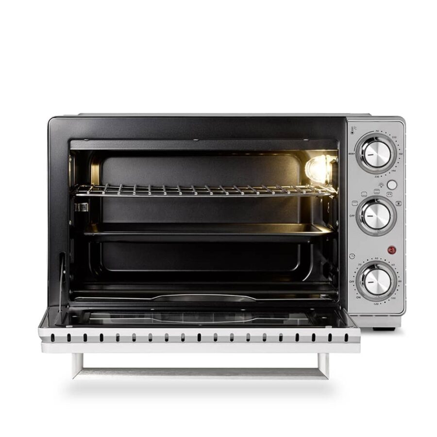 CASO TO 26 SilverStyle oven with door open and interior light on, front view, isolated on white background.