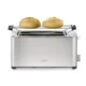 T4 Toaster in stainless steel on a white background with 2 breads on top