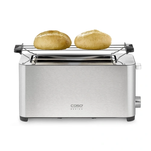 T4 Toaster in stainless steel on a white background with 2 breads on top
