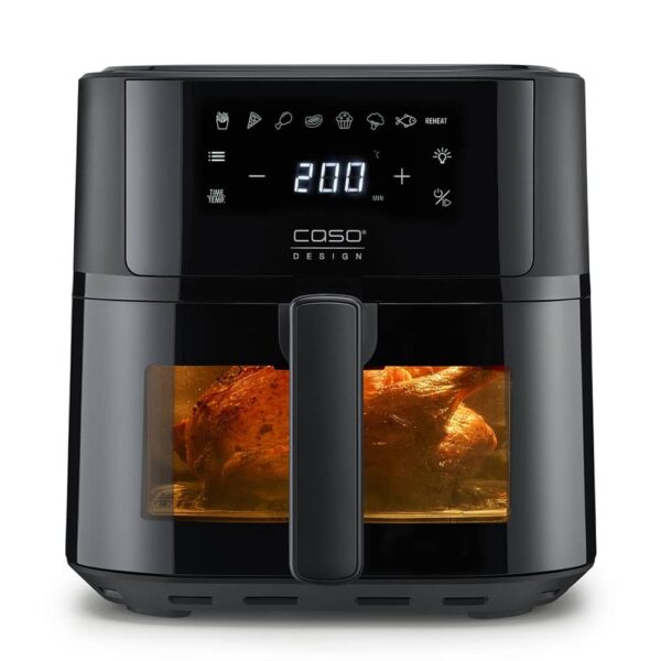 Frontal view of Caso AirFry 6.0 on white background with LED display on, interior light showing whole chicken cooking inside