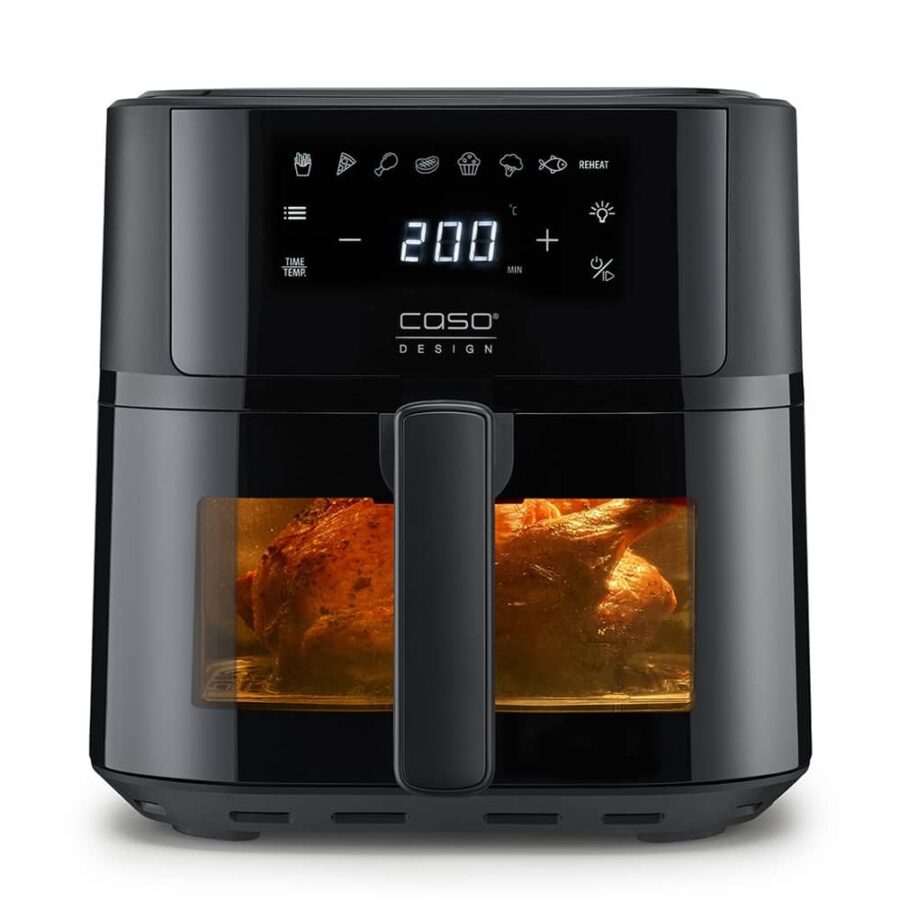 Frontal view of Caso AirFry 6.0 on white background with LED display on, interior light showing whole chicken cooking inside