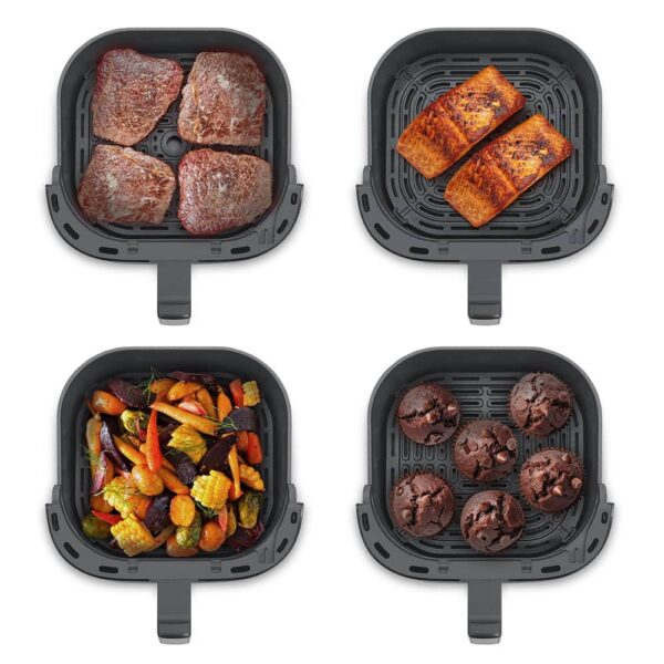 Top view of four Caso AirFry 6.0 baskets with beef, salmon, chocolate muffins, and mixed vegetables including corn and carrots