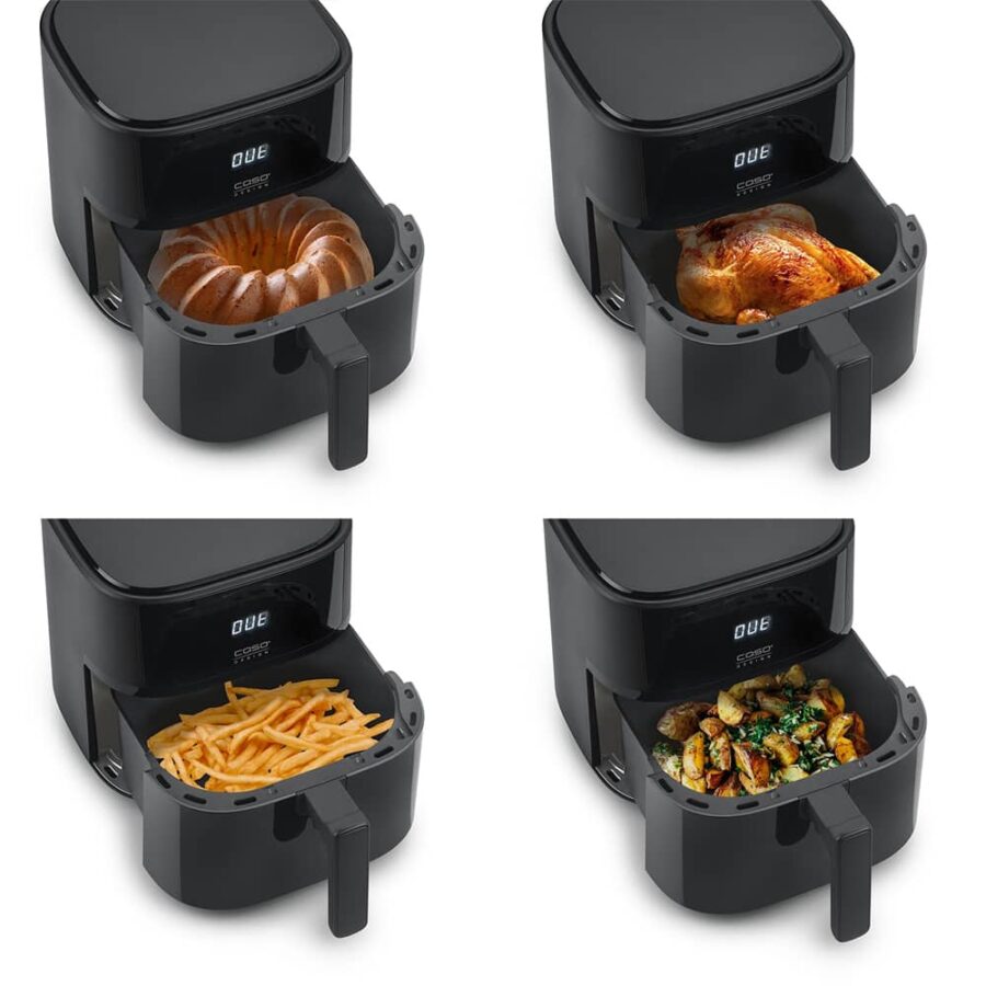 Four Caso AirFry 6.0 units with open drawers showing cake, whole chicken, fries, and herb-roasted potato wedges.